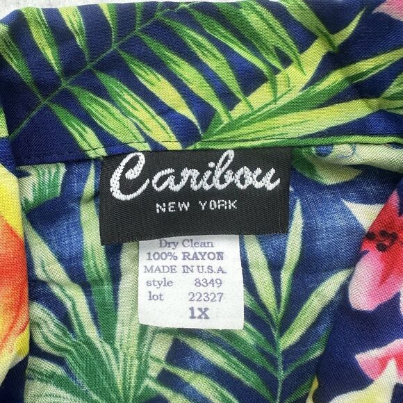 Caribou Hawaiian Shirt Women 1X Green Blue Pink Floral Button Up Shoulder Pads - Picture 9 of 12